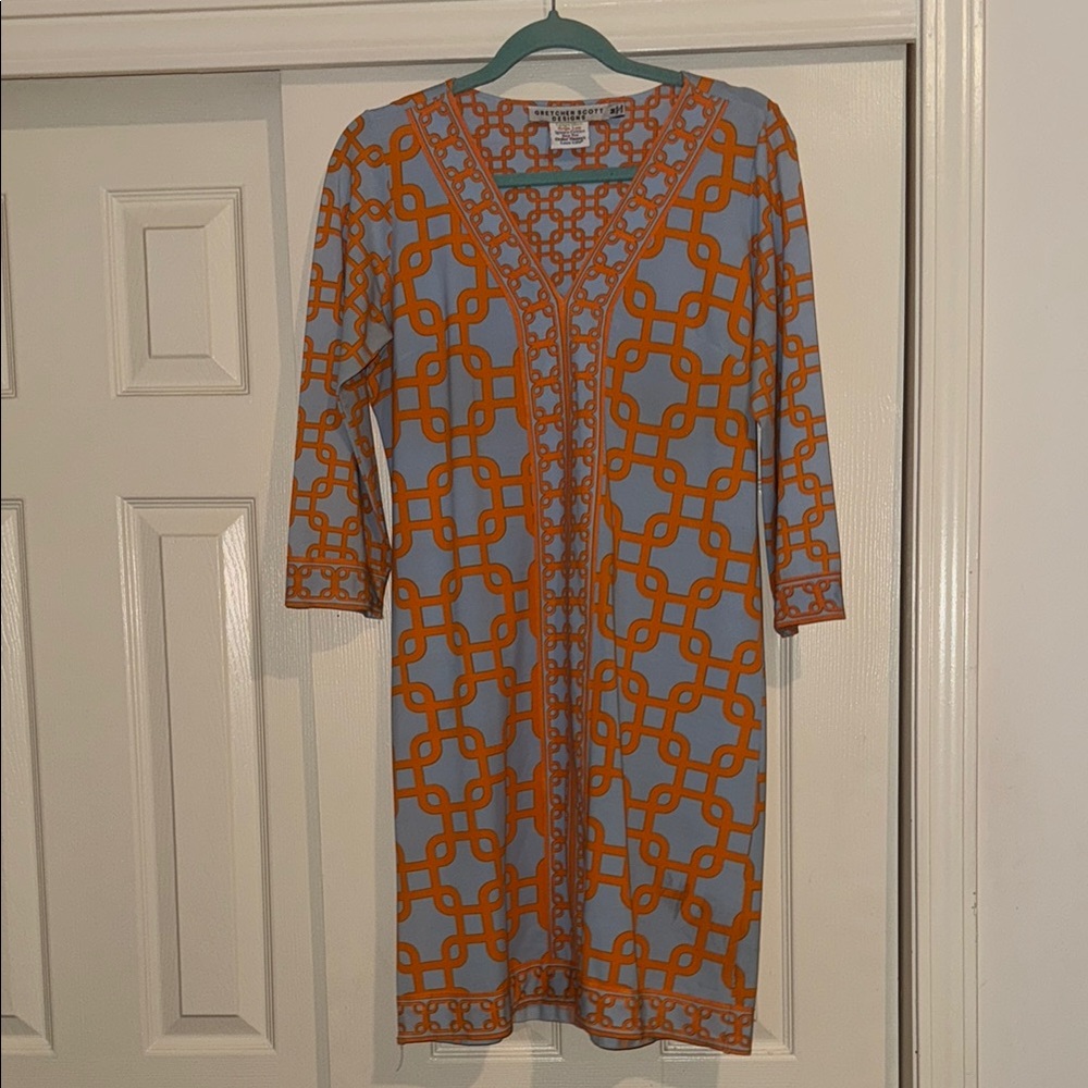 Gretchen Scott Designs Orange Blue Midi Sheath Dress